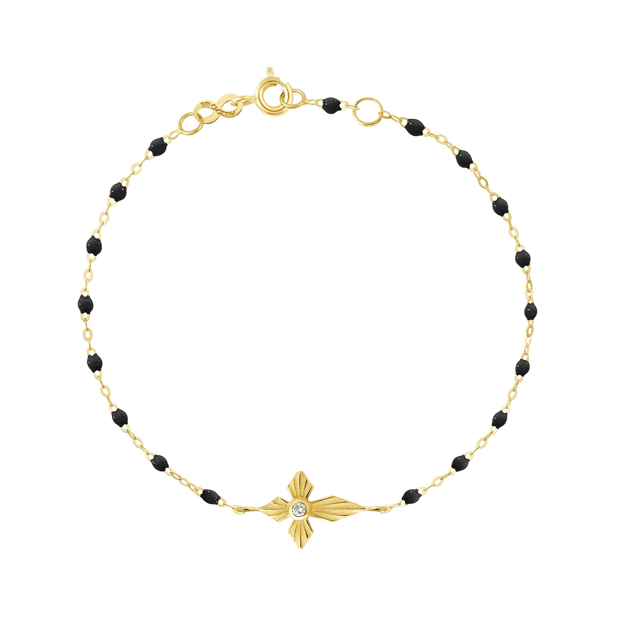 Gigi Clozeau - Bracelet noir Croix Lumière diamants, or jaune, 17 cm