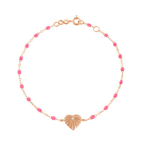 Gigi Clozeau - Bracelet rose fluo Cœur Lumière, diamant, or rose, 17 cm